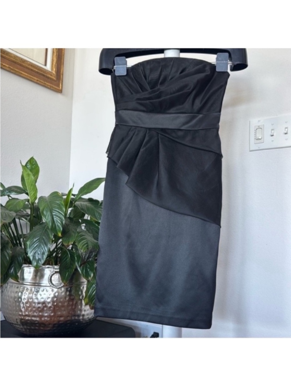 White House Black Market Black Satin Chiffon Strapless Dress Sz 00 Cocktail